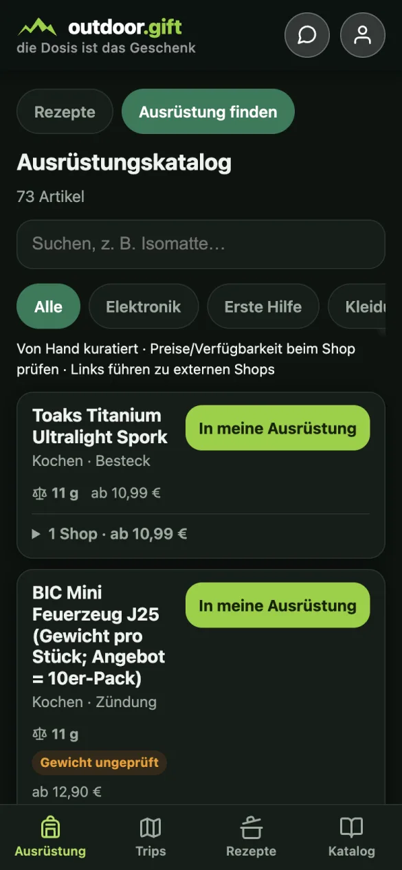 Ausrüstungs-Katalog mit Artikeln, Gewichtsangaben, Preisen und Shop-Angaben