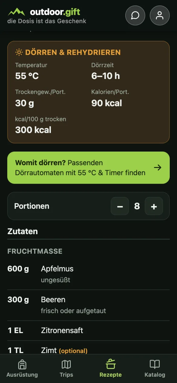 Rezeptkopf mit Kasten Dörren und Rehydrieren, Portionsrechner und Zutatenliste