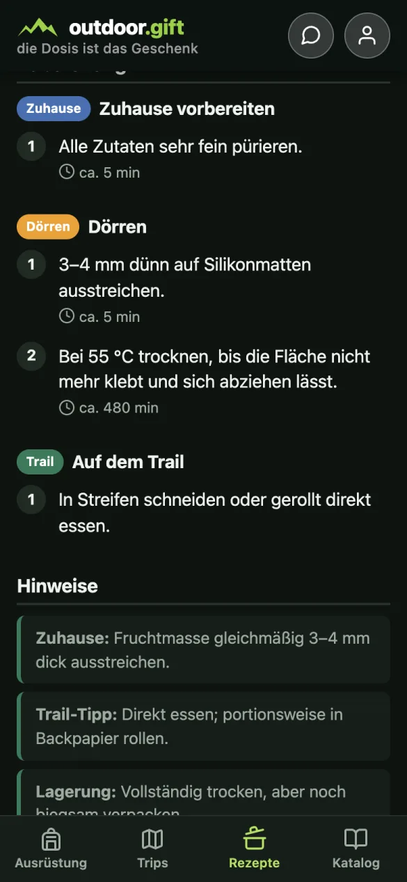 Zubereitung in den Phasen Zuhause vorbereiten und Dörren mit nummerierten Schritten und Zeitangaben
