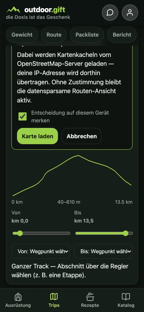 Zustimmungsdialog: OpenStreetMap-Karte laden? Mit Hinweis auf die IP-Übertragung und Merken-Option