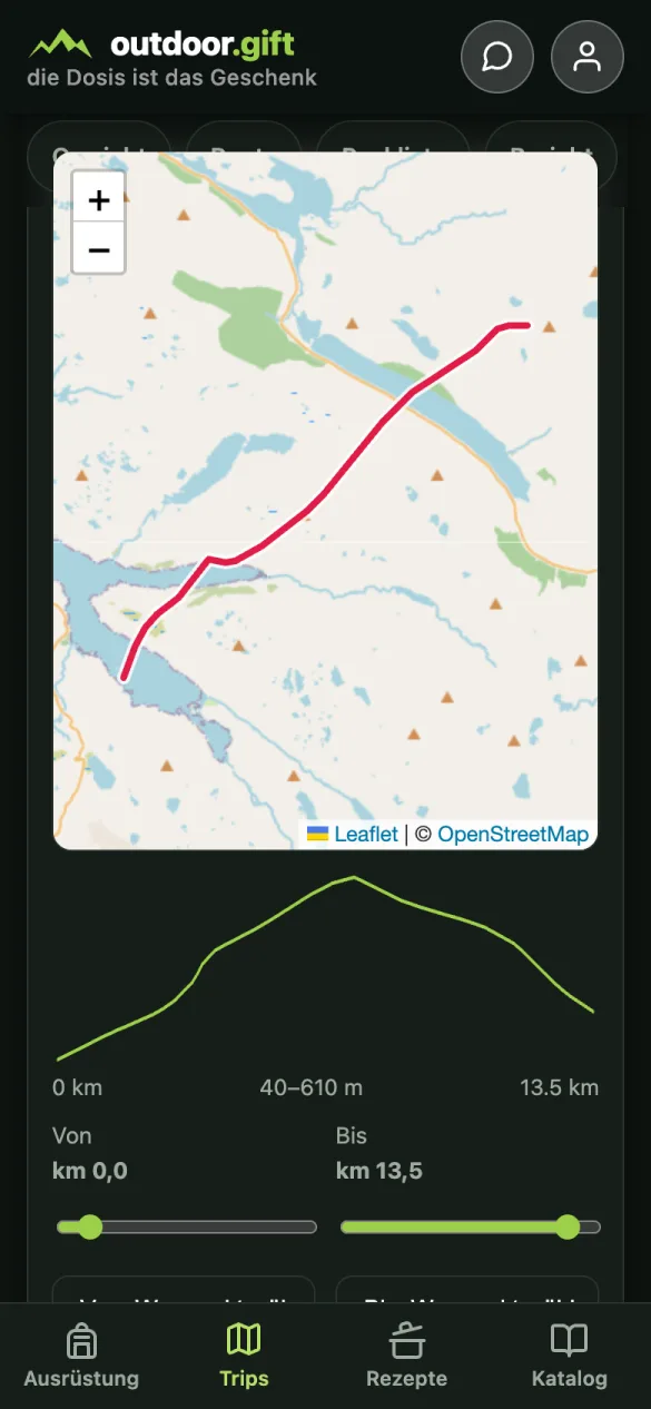 OpenStreetMap-Karte mit der Route in Rot und den Tour-Kennzahlen darüber