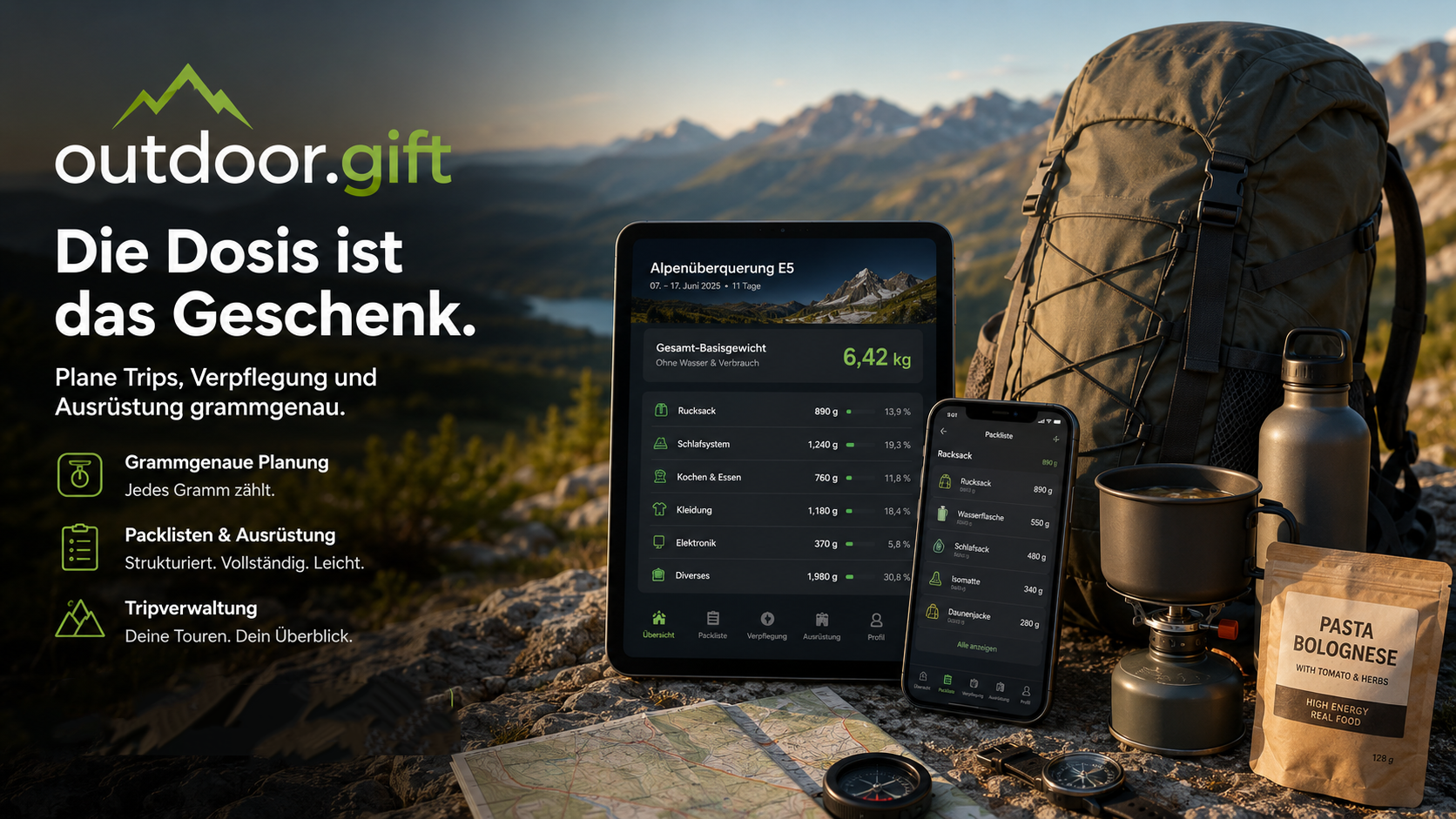 outdoor.gift — die Dosis ist das Geschenk. Plane Trips, Verpflegung und Ausrüstung grammgenau.